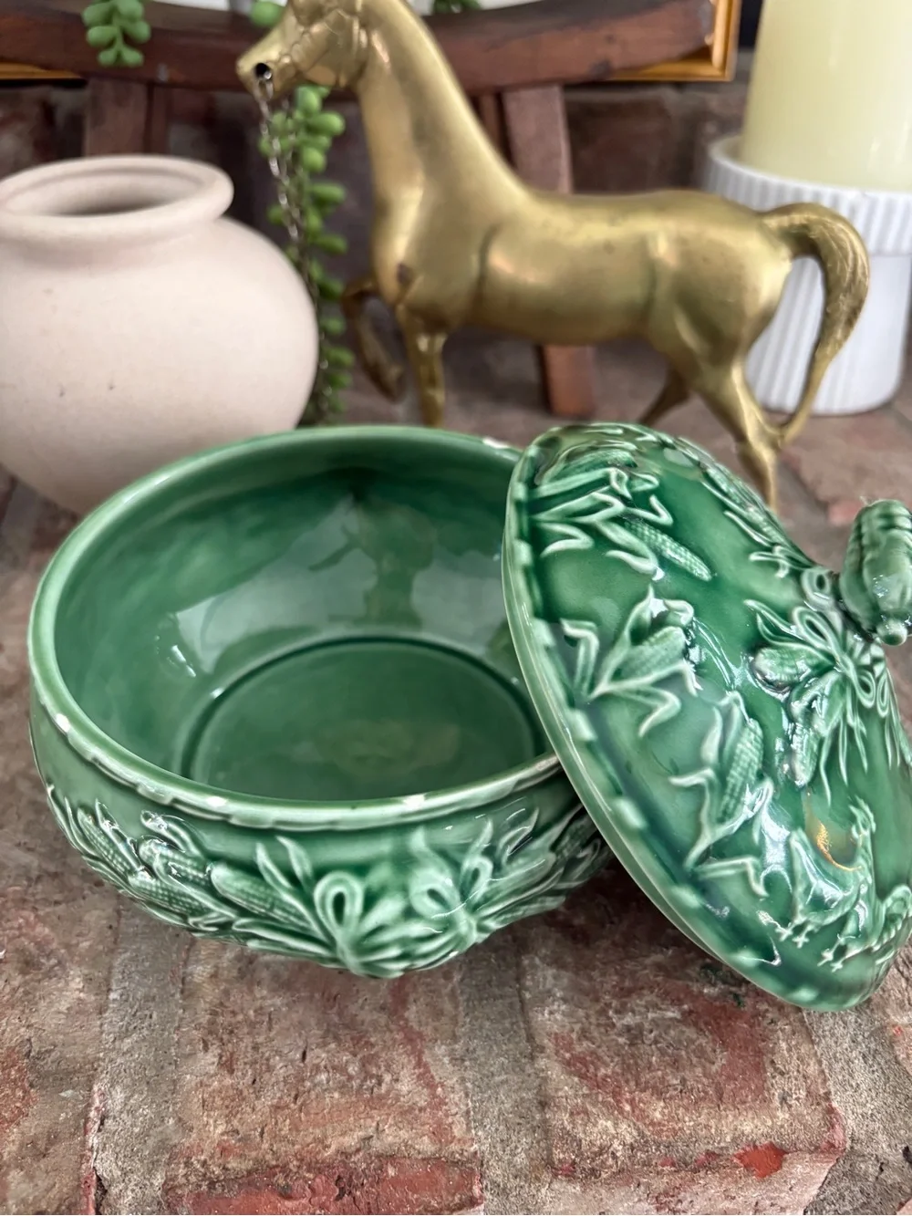 Vintage Sur La Table rooster and corn dish with lid, Portugal